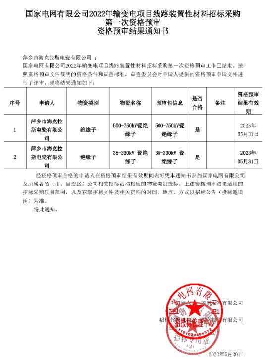 國(guó)家電網(wǎng)有限公司35kV-750kV資格預(yù)審結(jié)果通知書(shū)